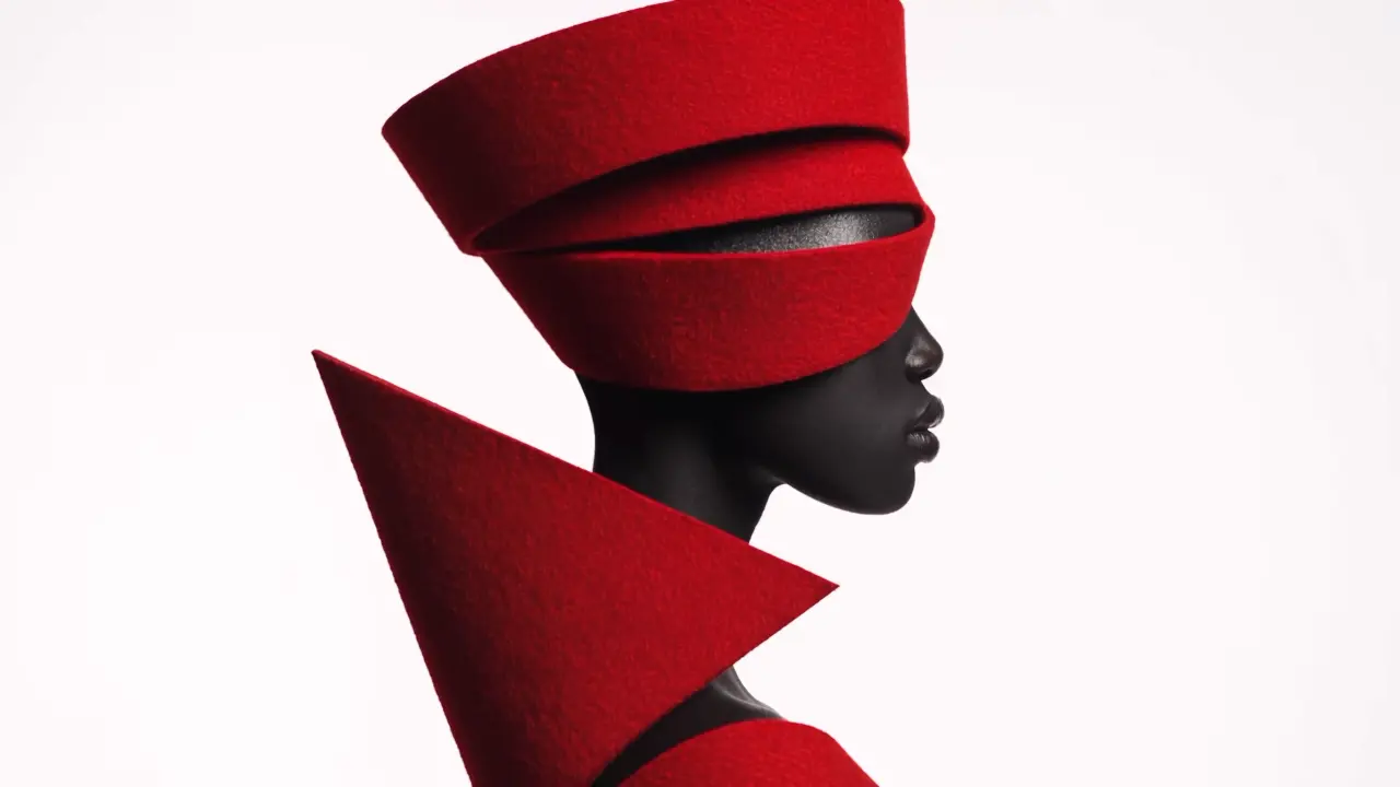 A sculptural red headpiece