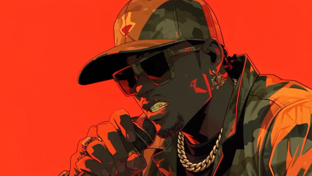 An artist in camo and gold